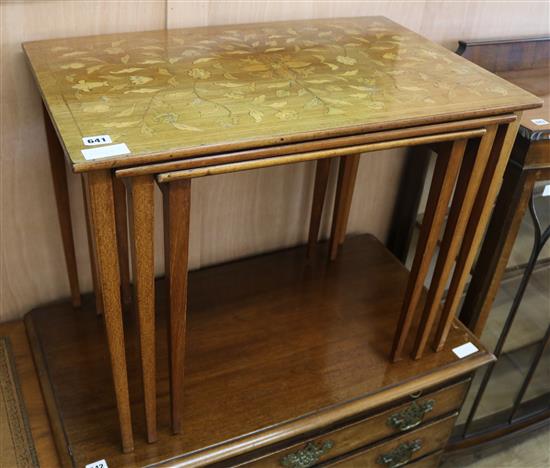 A nest of three marquetry inlaid mahogany occasional nest, largest 71cm largest 71cm